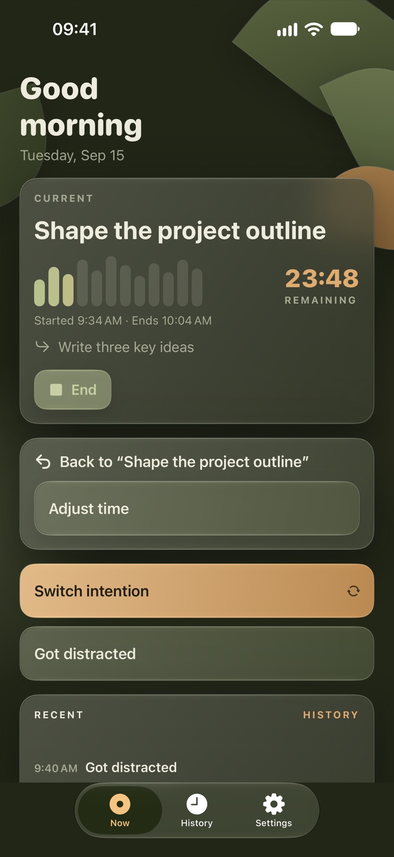 The Now screen in dark appearance right after a return, with the feedback panel open