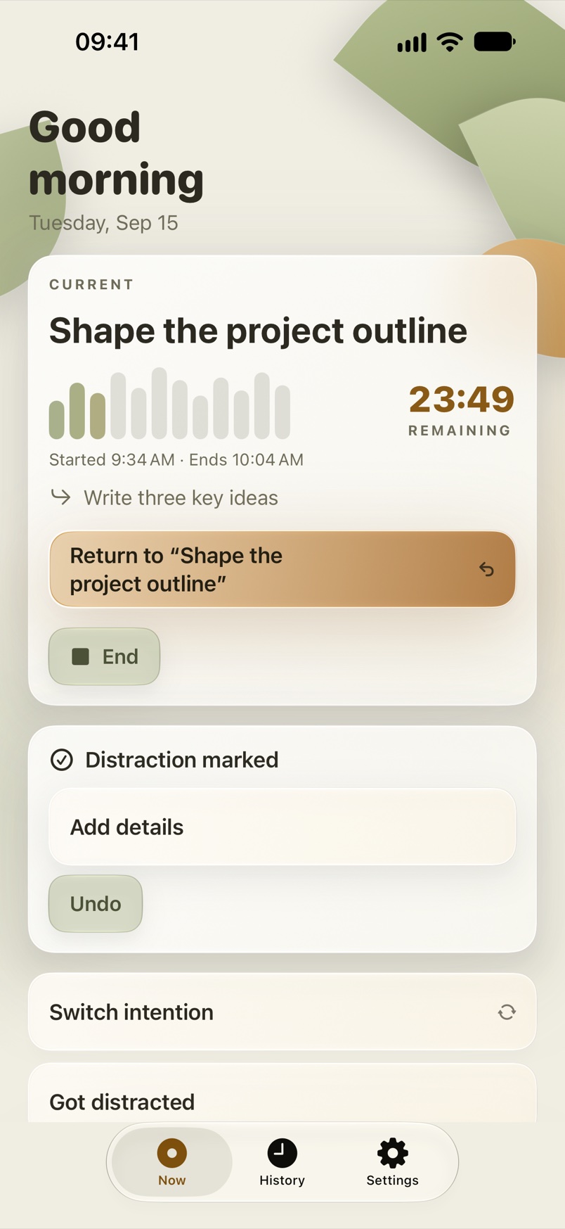 A marked distraction with Undo and Add details, while the intention keeps running