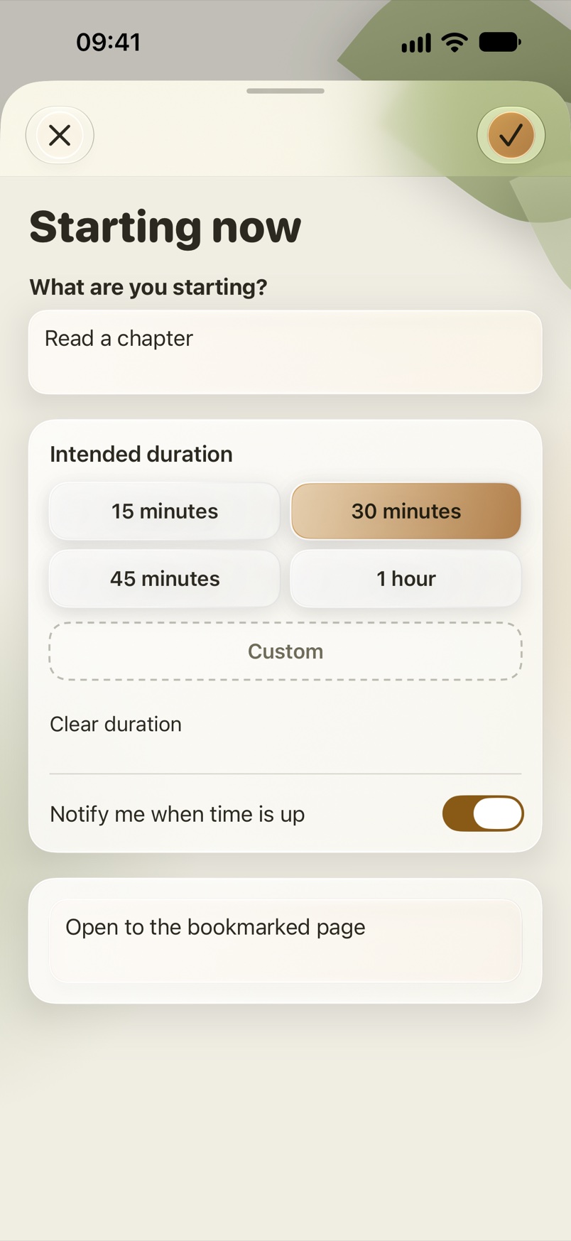 ReturnCue composer asking what you are starting, with an intended duration and an optional first step