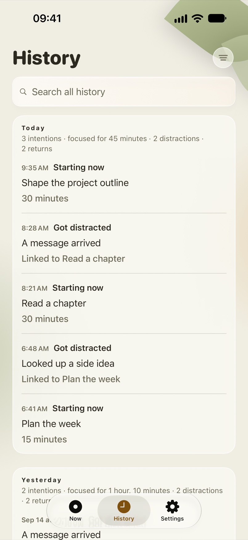 History with search and today's intentions, distractions, and returns