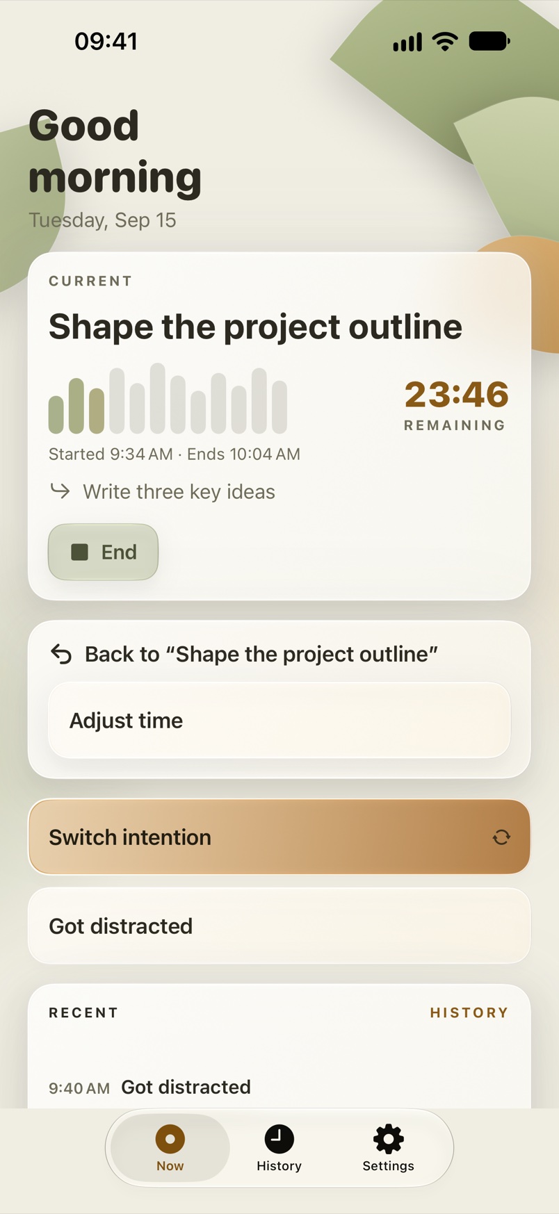 The Now screen in light appearance right after a return, with the feedback panel open