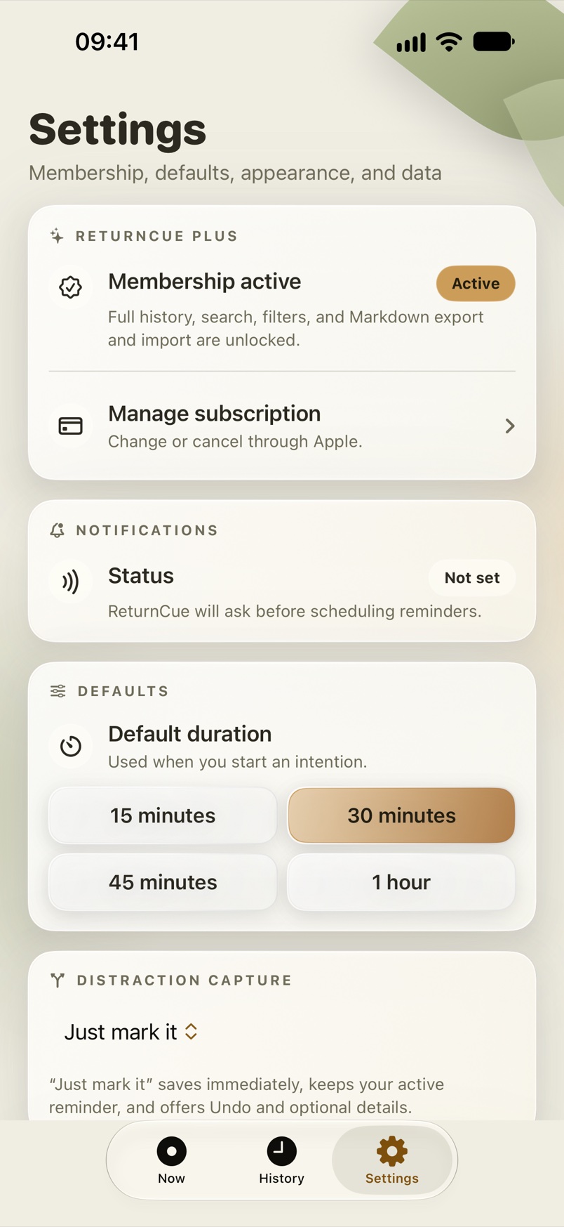 Settings showing membership, default duration, and privacy details